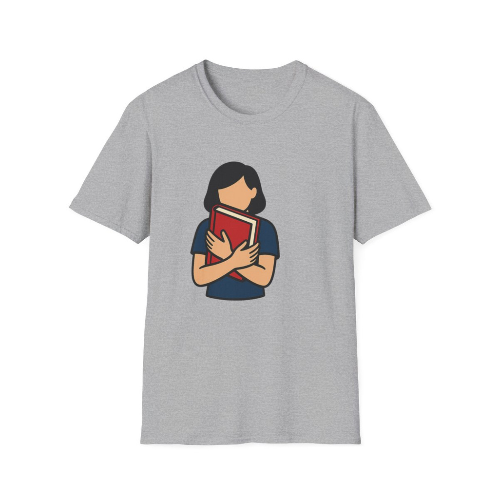 Sport Grey t-shirt, front view, printed with person hugging a red book