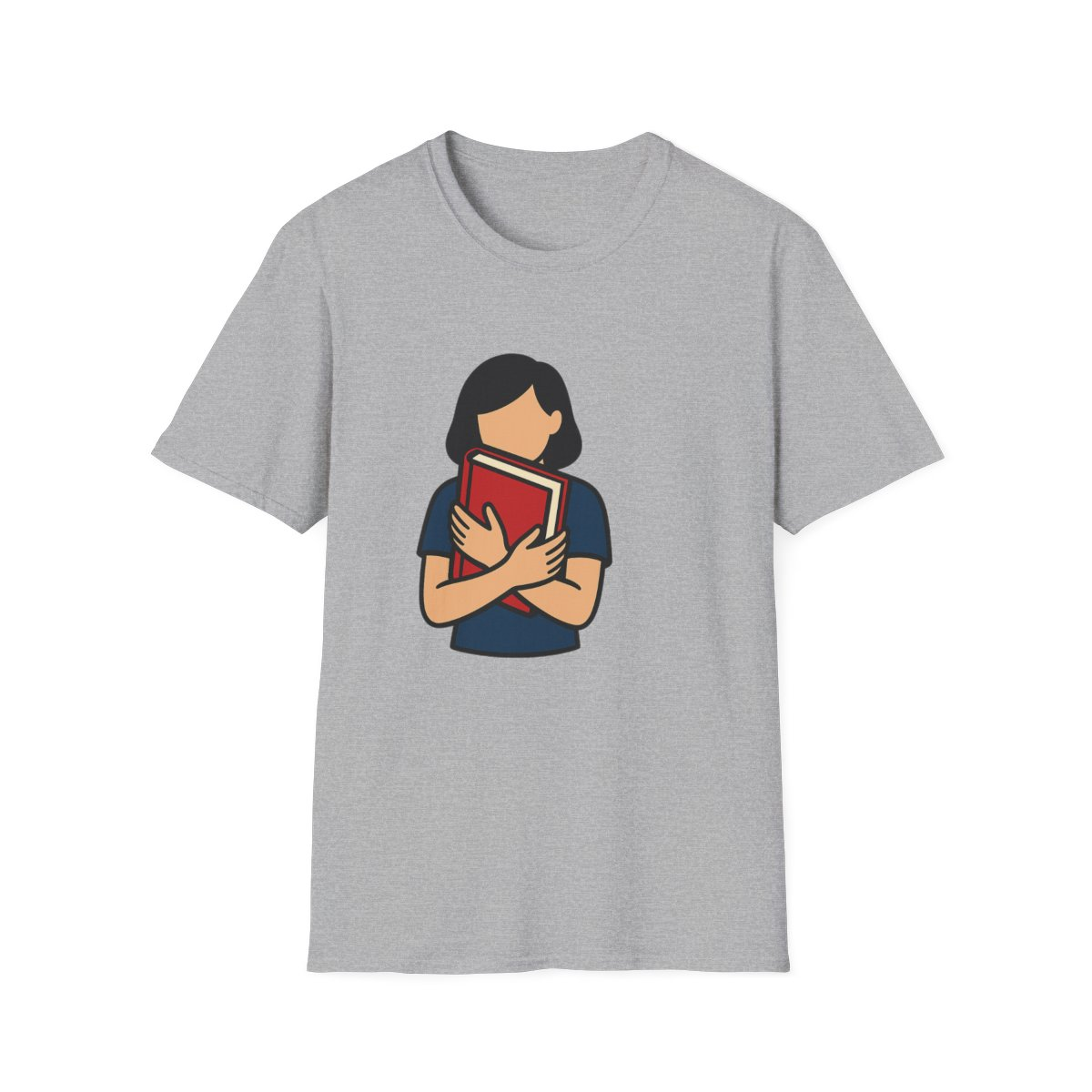 Sport Grey t-shirt, front view, printed with person hugging a red book