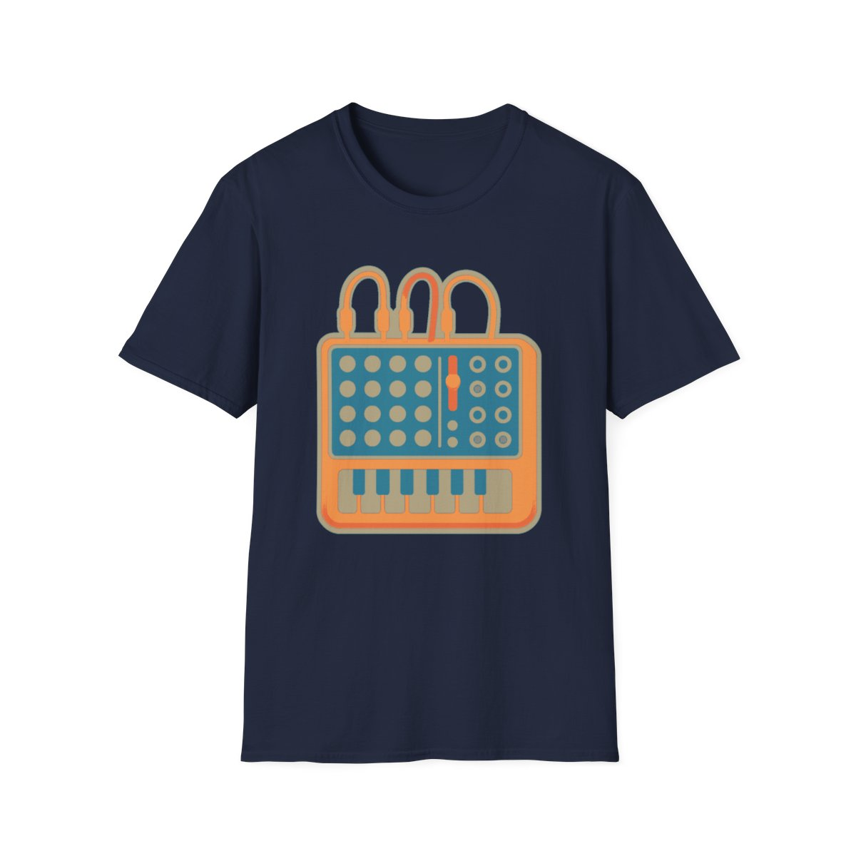 Navy t-shirt, front view, printed with compact modular synth illustration