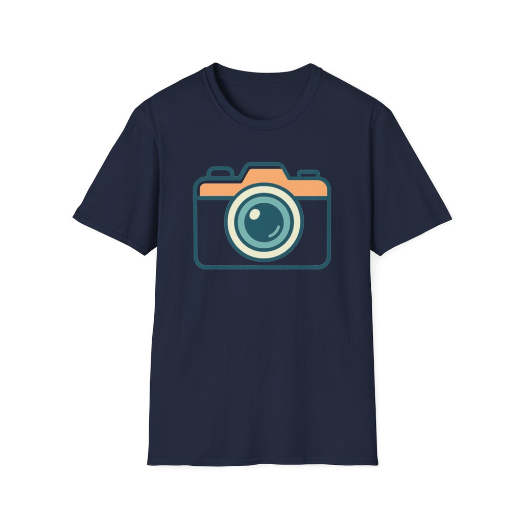 Navy t-shirt, front view, printed with stylized camera icon illustration