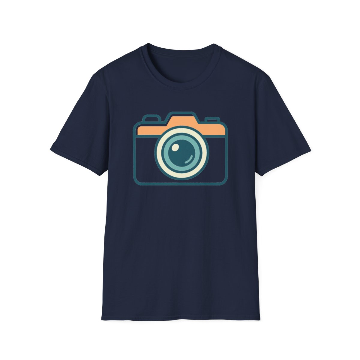 Navy t-shirt, front view, printed with stylized camera icon illustration