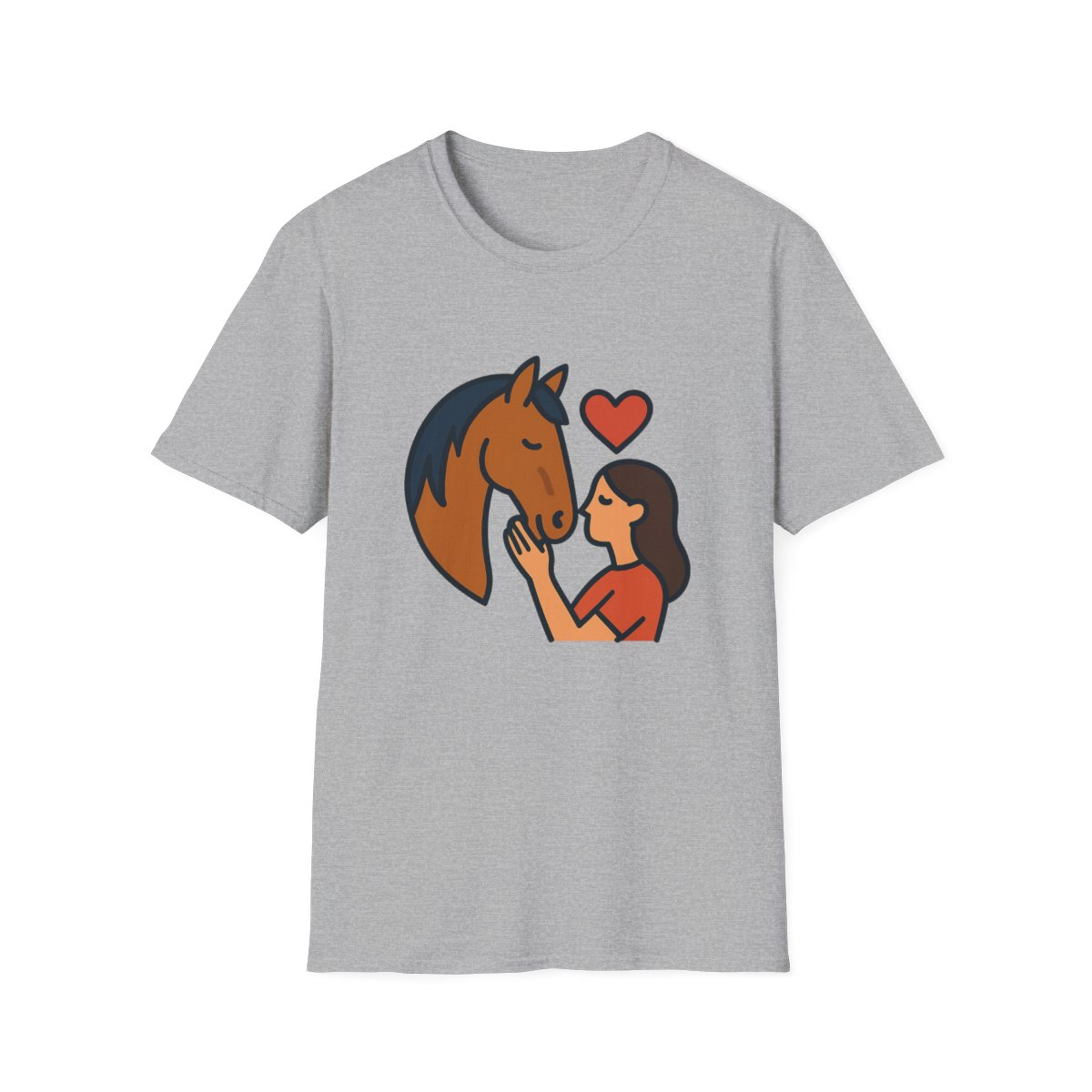 Sport Grey t-shirt, front view, printed with smiling horse head above heart hands