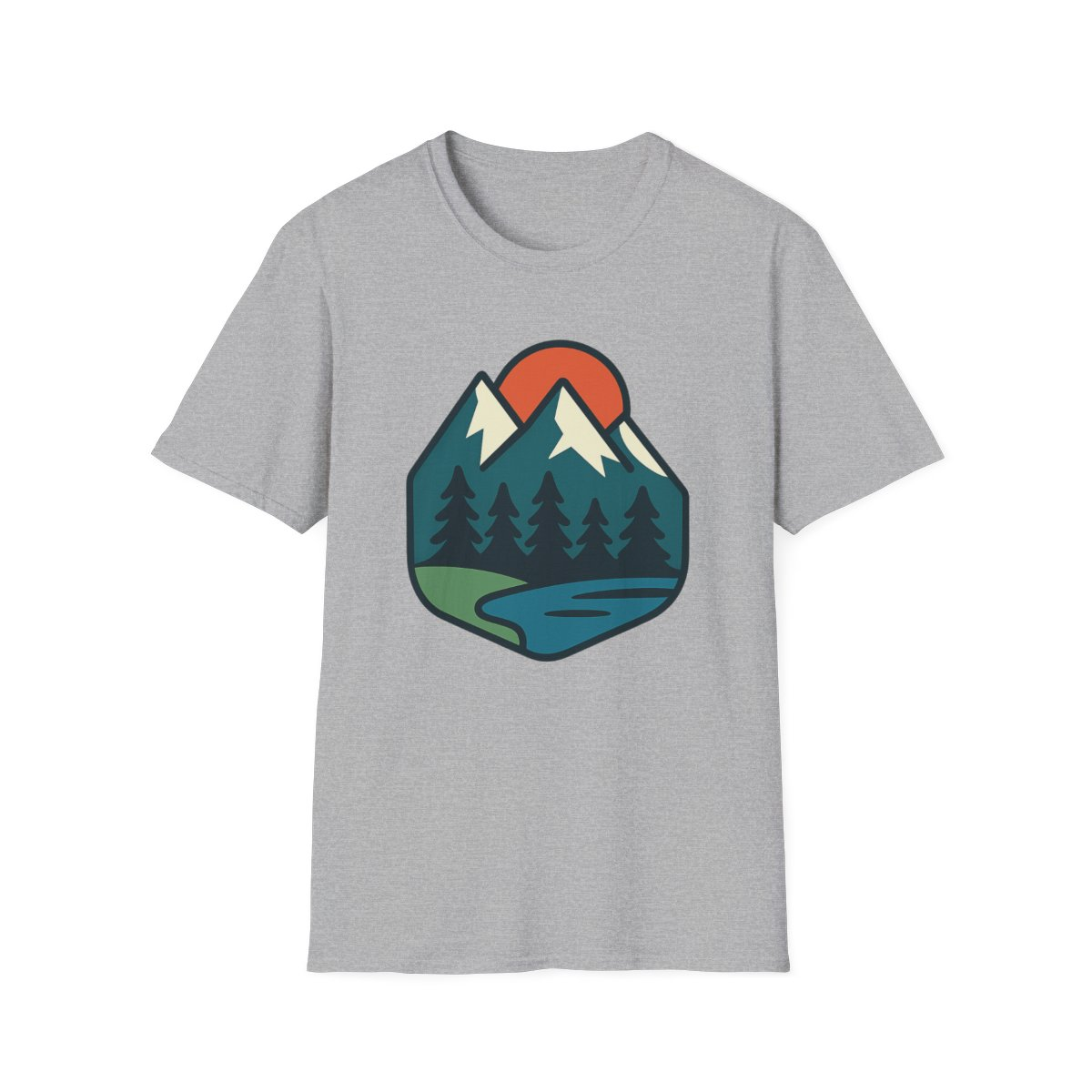 Sport Grey t-shirt, front view, printed with sunrise mountains, trees, winding path