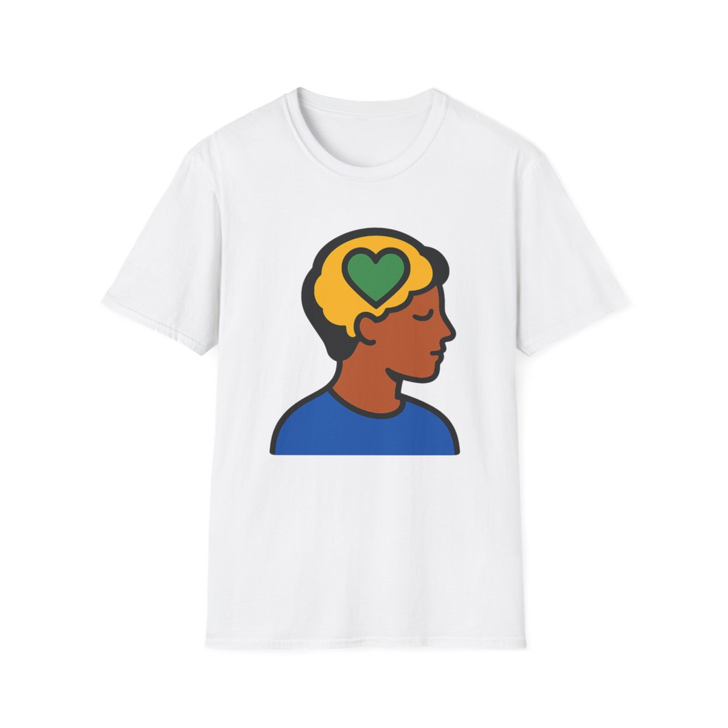 White t-shirt, front view, printed with profile silhouette with heart in brain