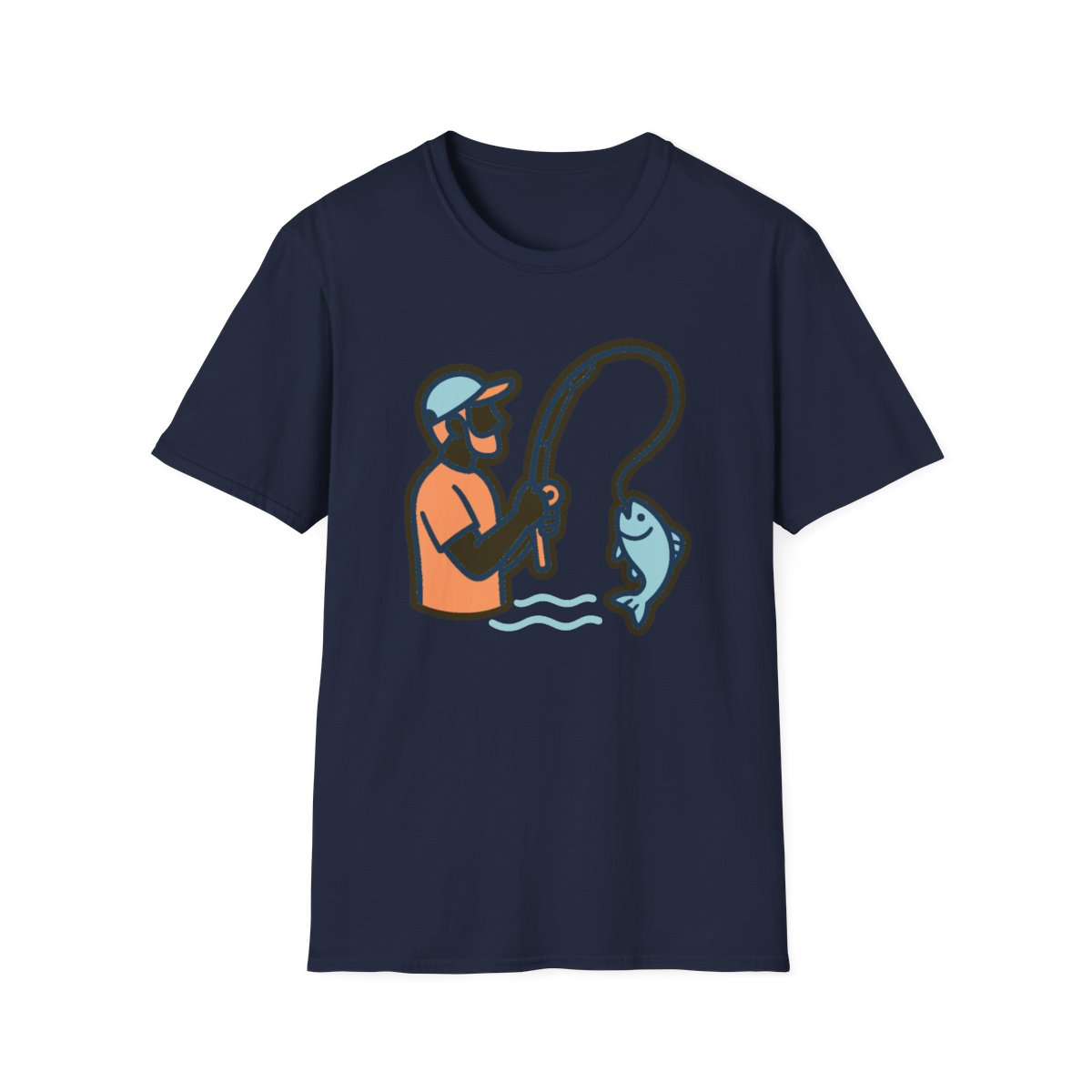 Navy t-shirt, front view, printed with angler reeling in a smiling fish