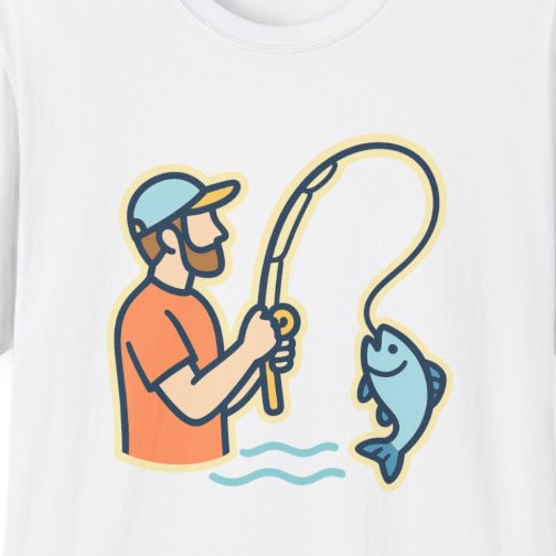 Close-up of the printed design detail: angler reeling in a smiling fish