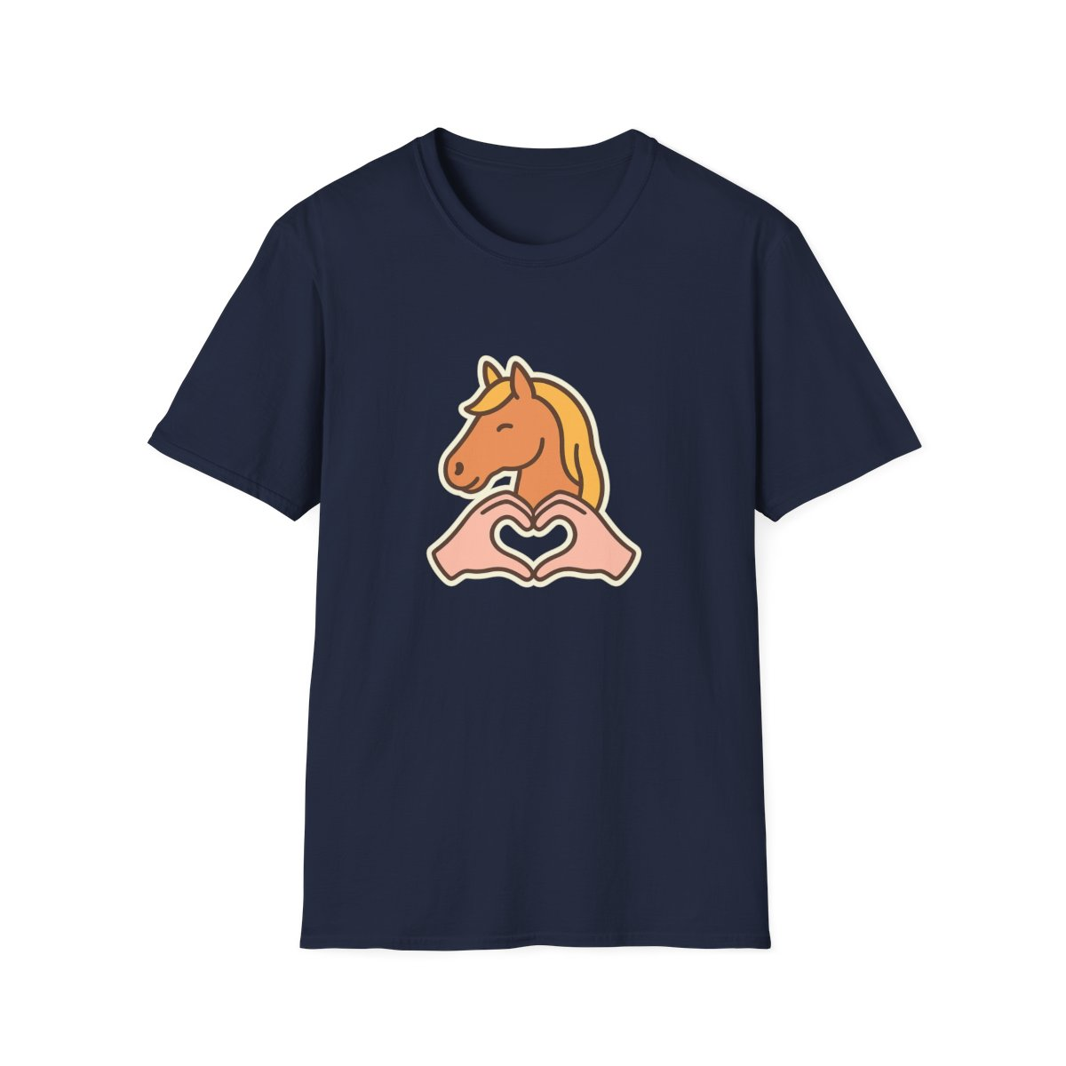 Navy t-shirt, front view, printed with smiling horse head above heart hands