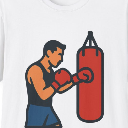 Close-up of the printed design detail: man boxing a heavy bag illustration