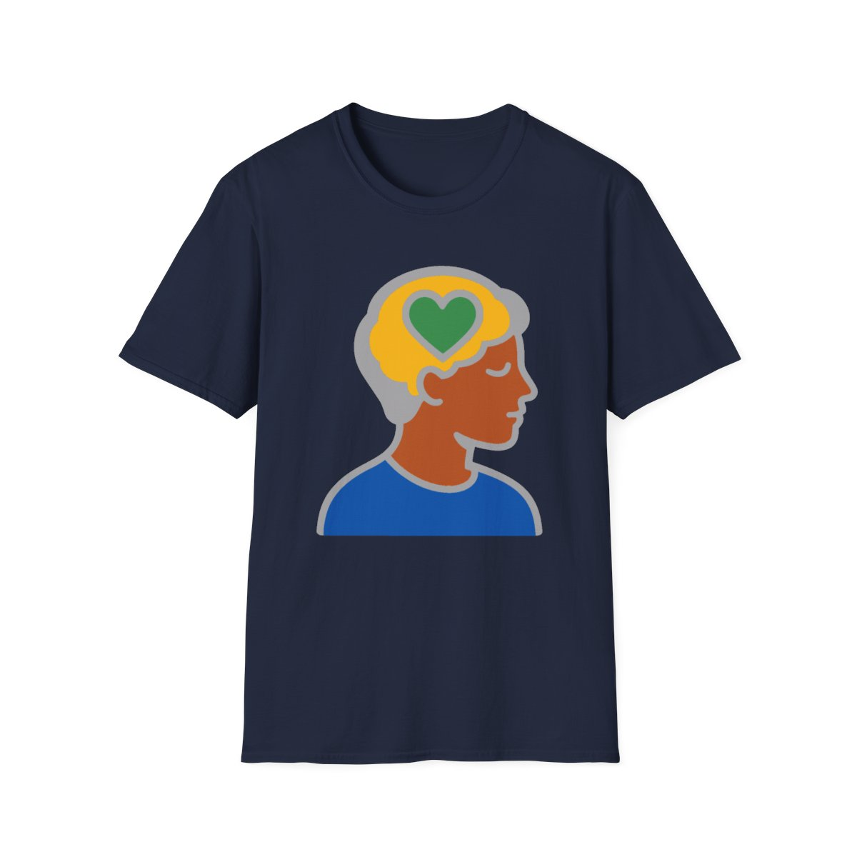 Navy t-shirt, front view, printed with profile silhouette with heart in brain