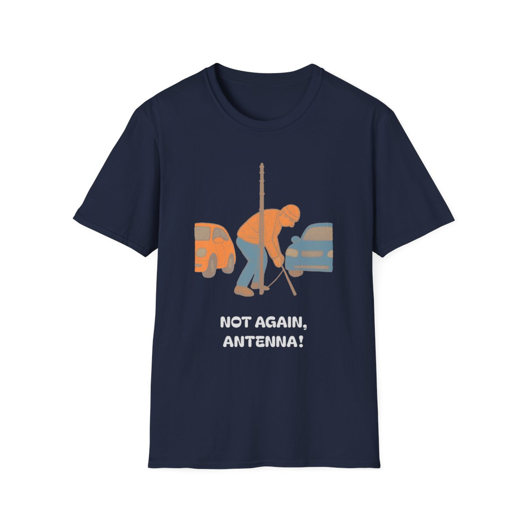 Navy t-shirt, front view, printed with a SOTA/portable operator design