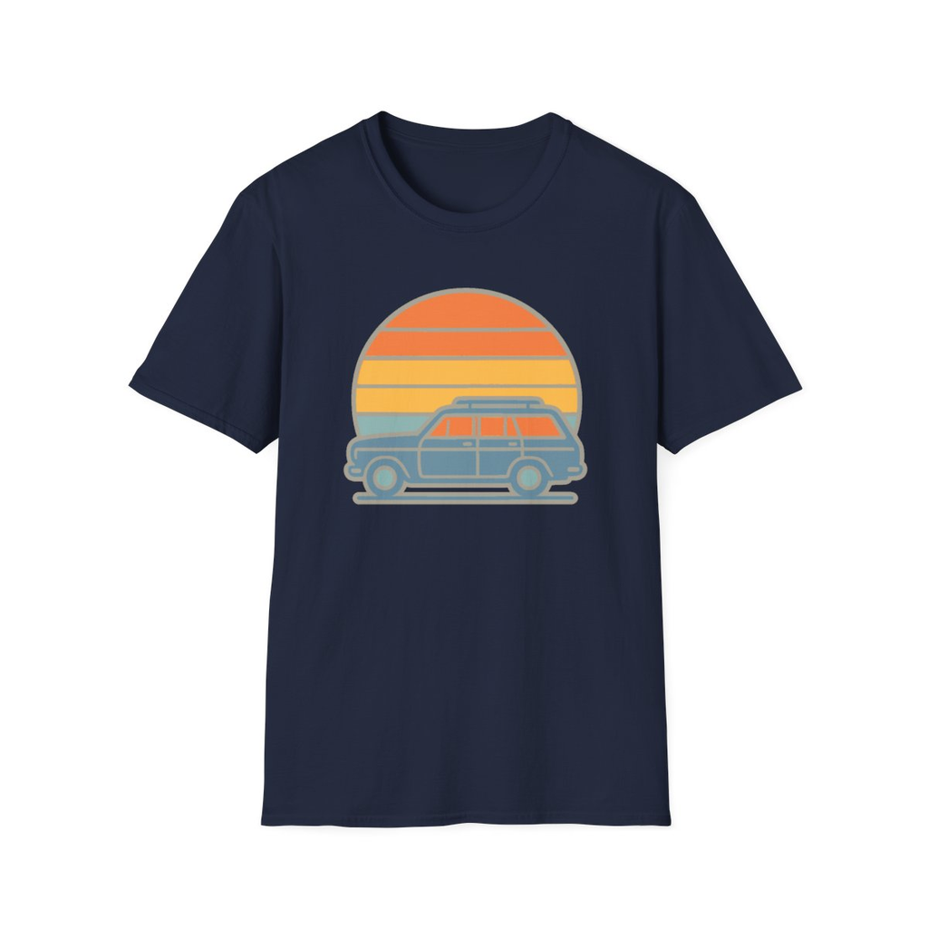 Navy t-shirt, front view, printed with retro station wagon and striped sunset
