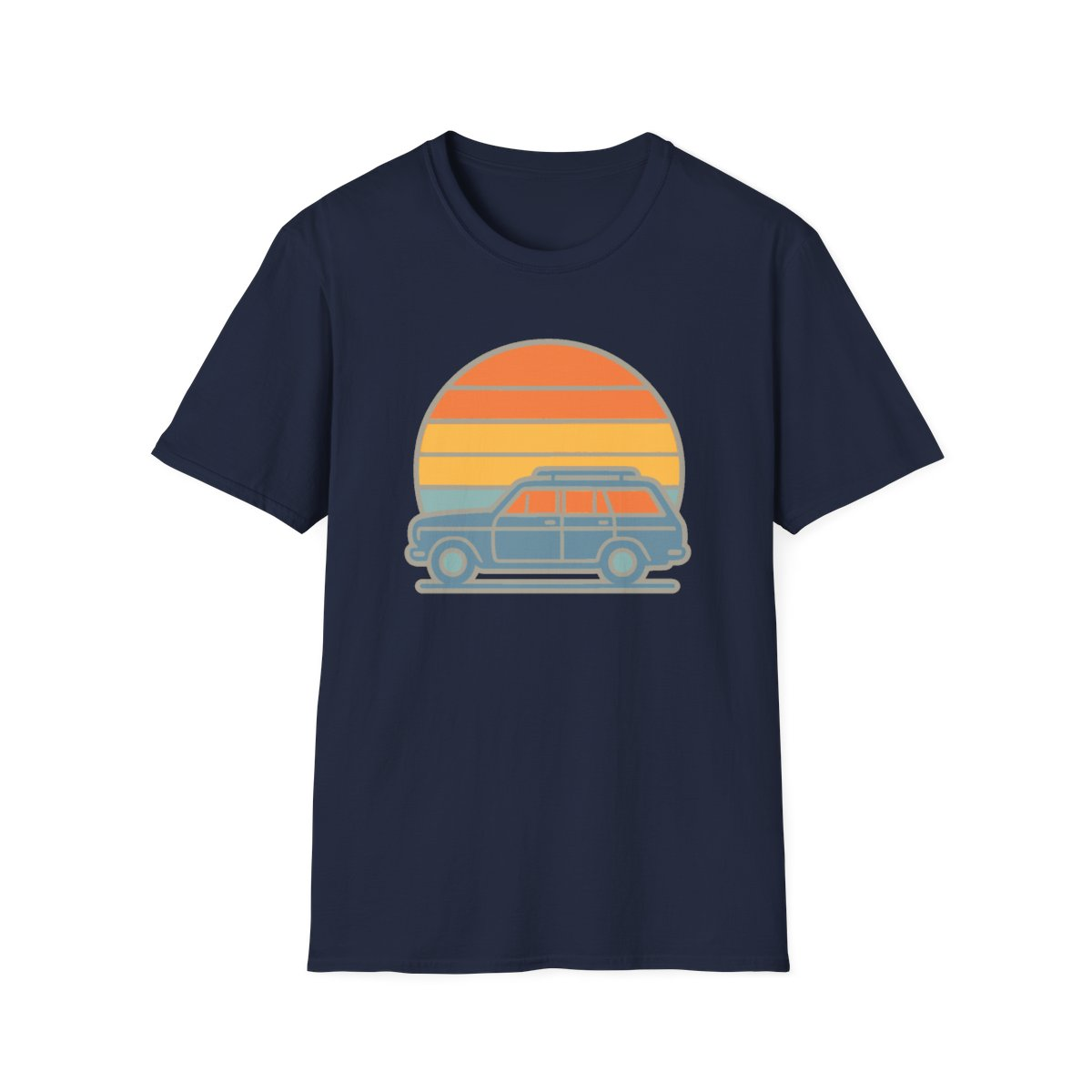 Navy t-shirt, front view, printed with retro station wagon and striped sunset