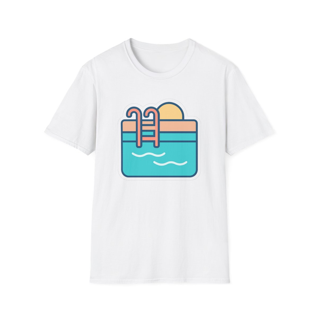 White t-shirt, front view, printed with stylized backyard swimming pool illustration