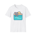 White t-shirt, front view, printed with stylized backyard swimming pool illustration
