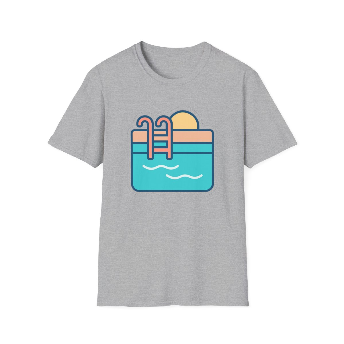 Sport Grey t-shirt, front view, printed with stylized backyard swimming pool illustration