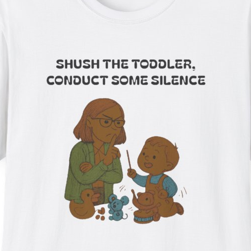 Close-up of the printed design detail: sardonic children's librarian, shushing a toddler book-bandleader during storytime