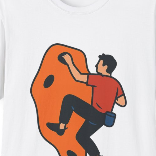 Close-up of the printed design detail: climber on an abstract orange boulder