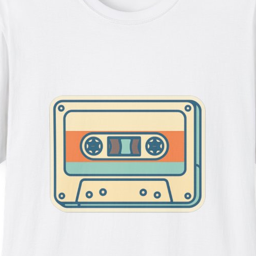 Close-up of the printed design detail: illustrated retro cassette tape
