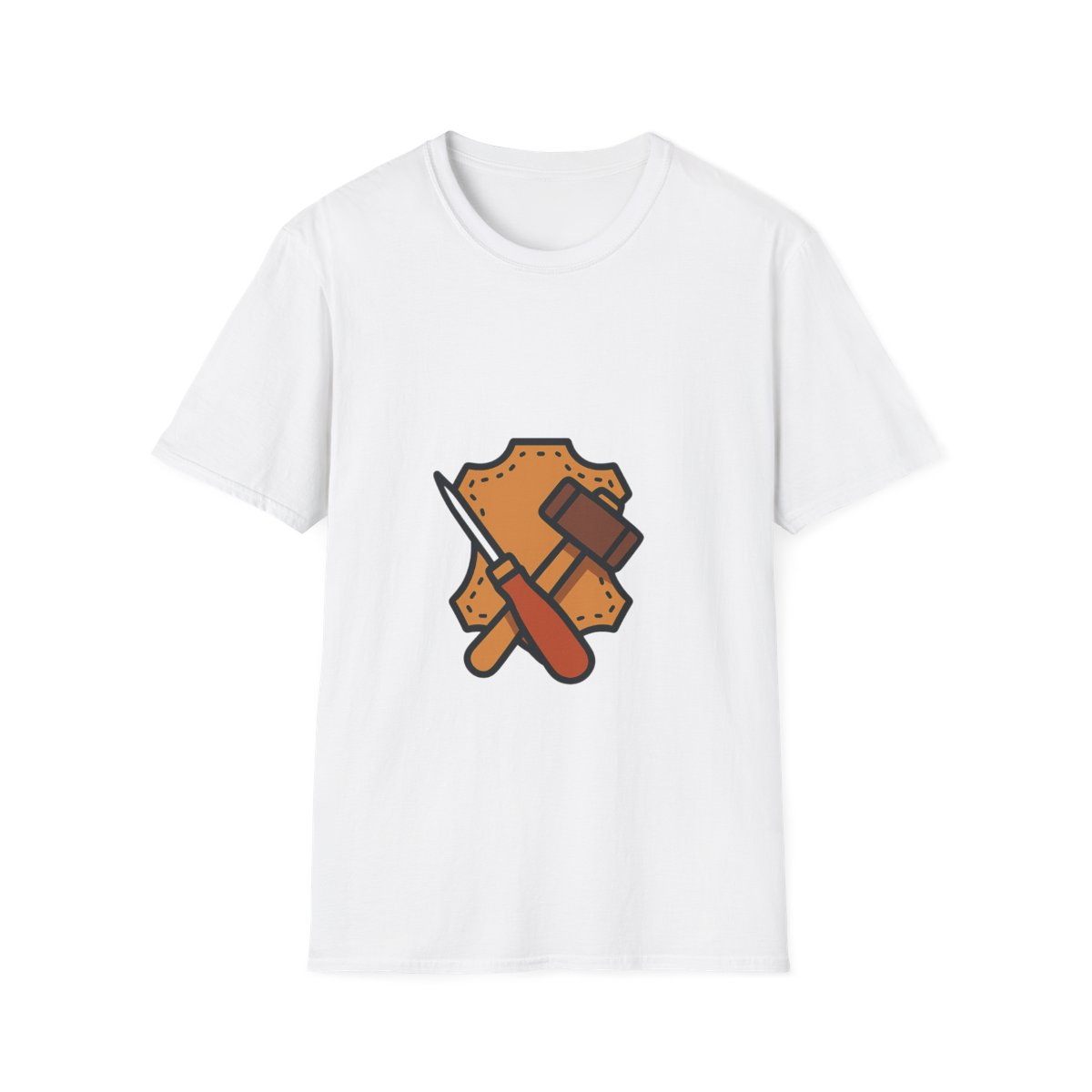 White t-shirt, front view, printed with stylized leather hide and awl
