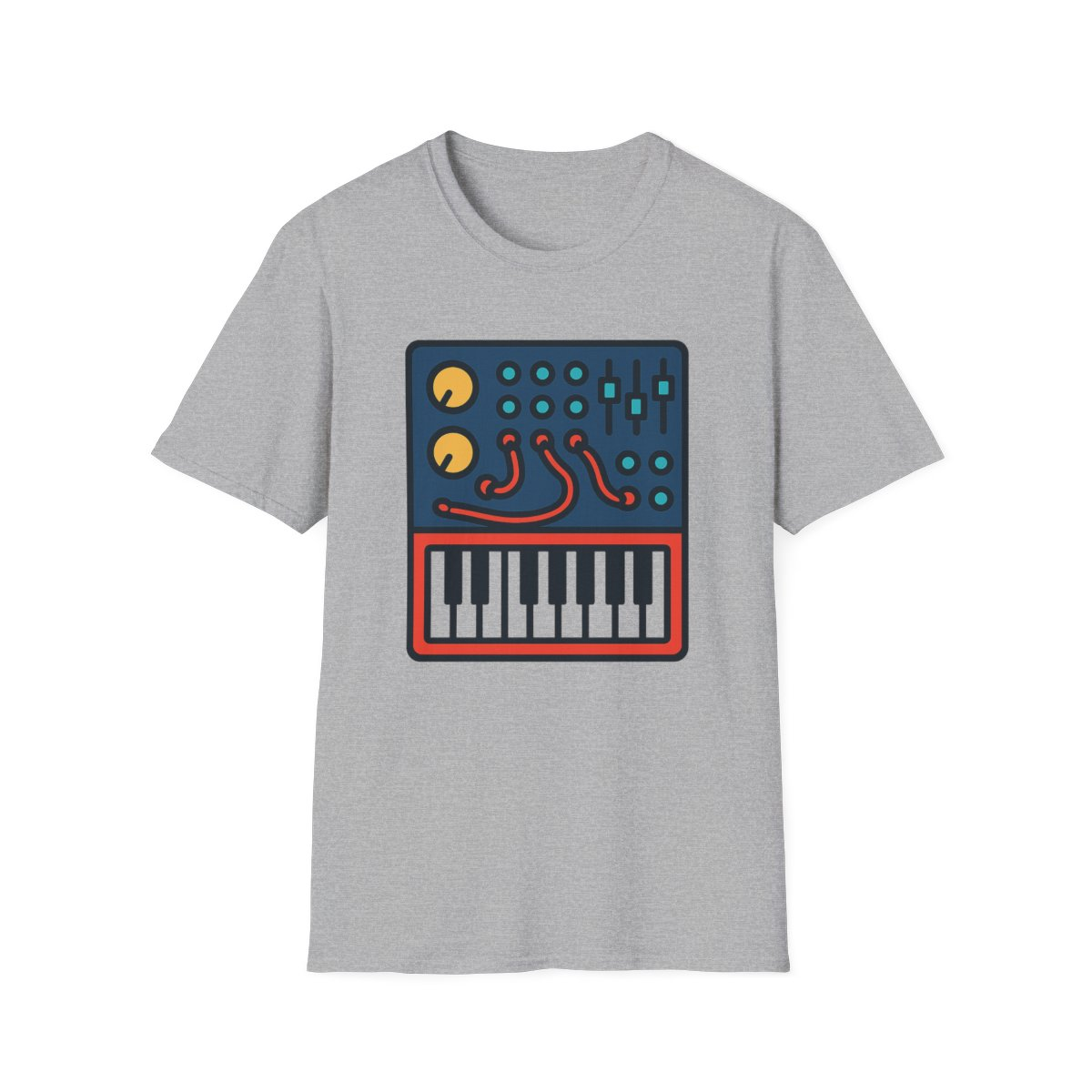 Sport Grey t-shirt, front view, printed with compact modular synth illustration