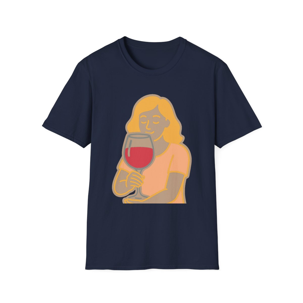 Navy t-shirt, front view, printed with person smelling a large wine glass