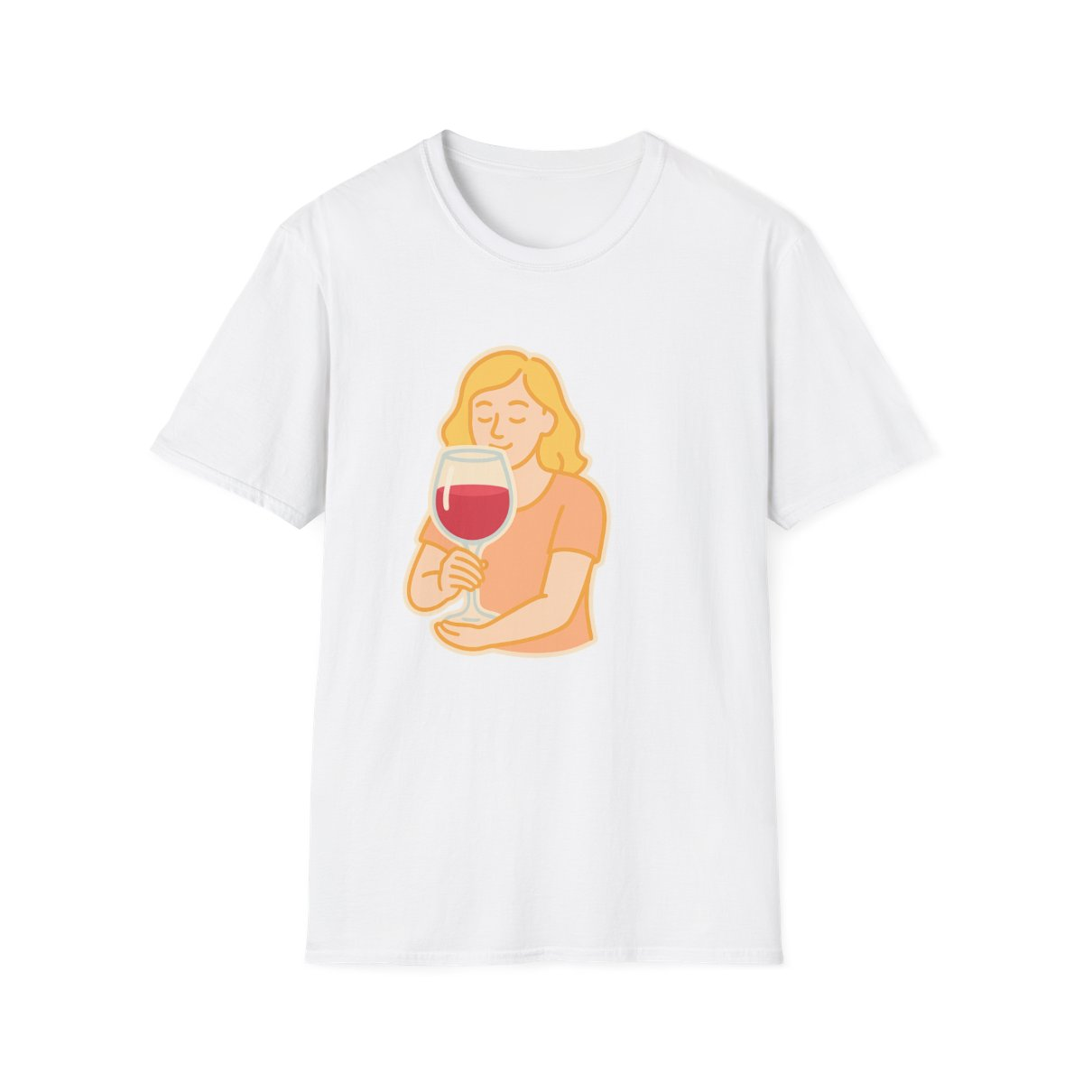 White t-shirt, front view, printed with person smelling a large wine glass