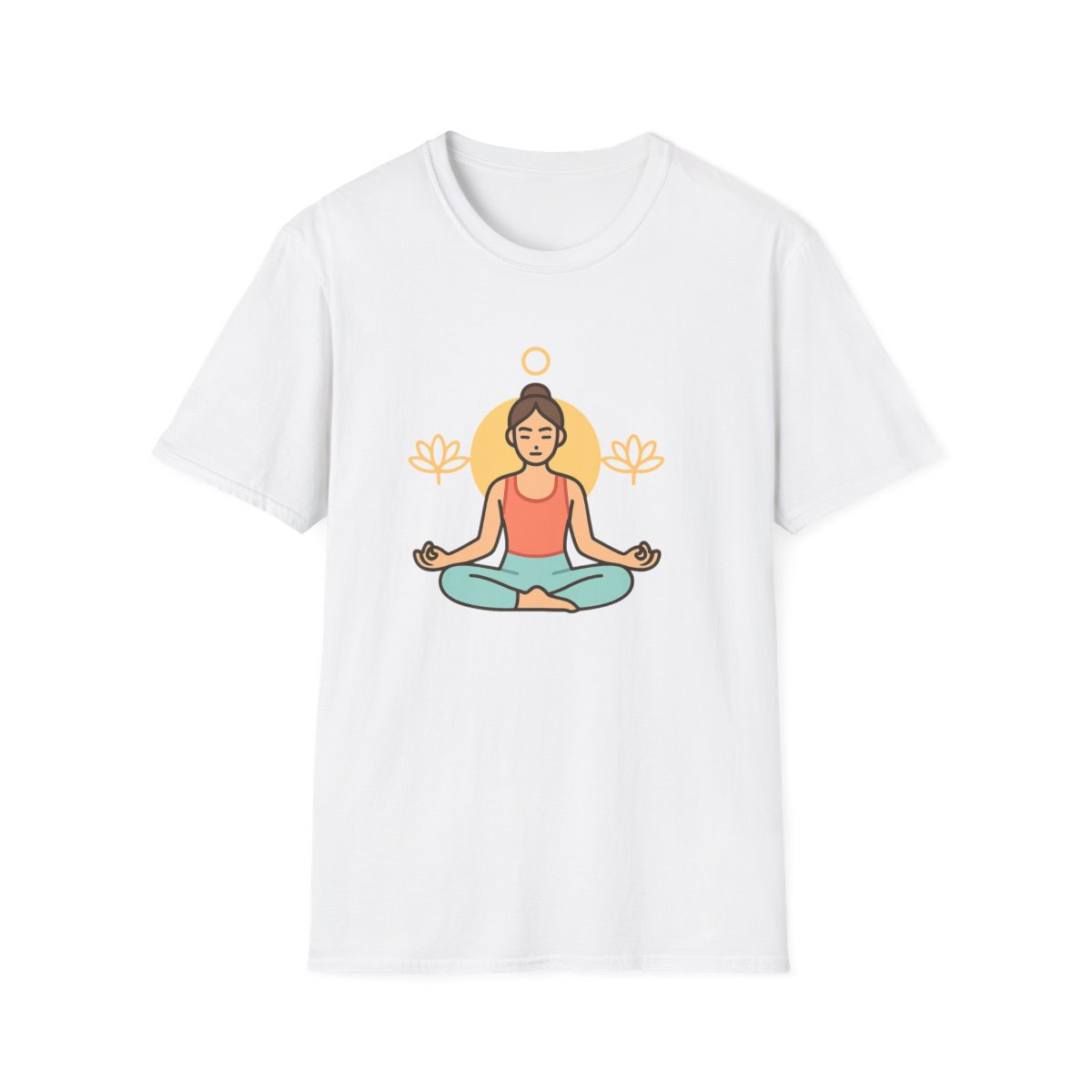 White t-shirt, front view, printed with person meditating with lotus icons