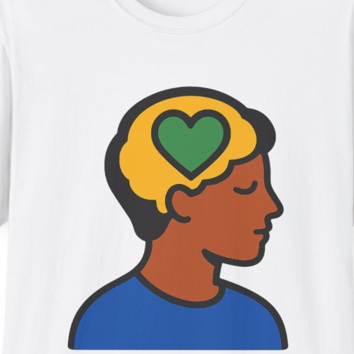 Close-up of the printed design detail: profile silhouette with heart in brain