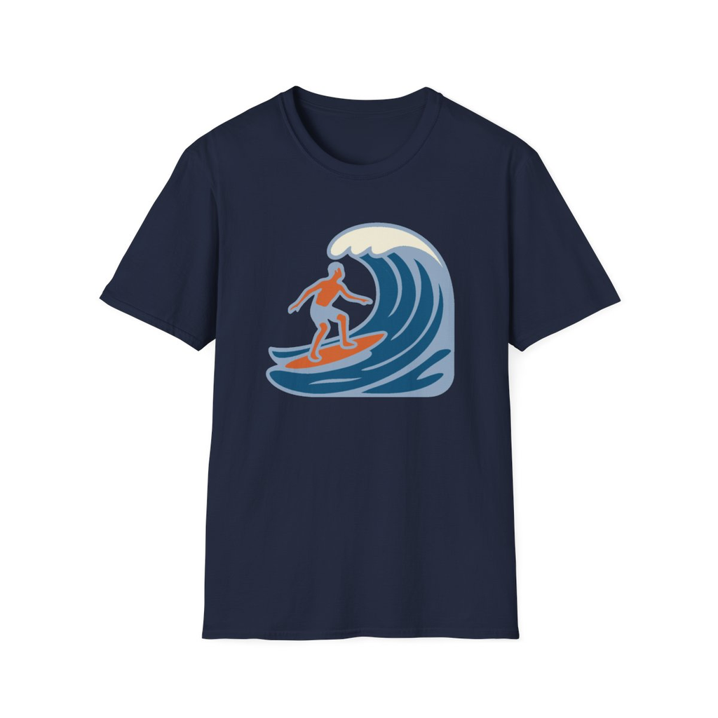 Navy t-shirt, front view, printed with surfer silhouette riding a curling wave