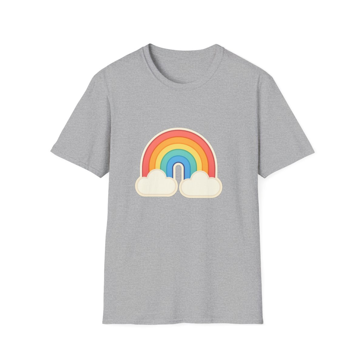 Sport Grey t-shirt, front view, printed with muted rainbow with two clouds
