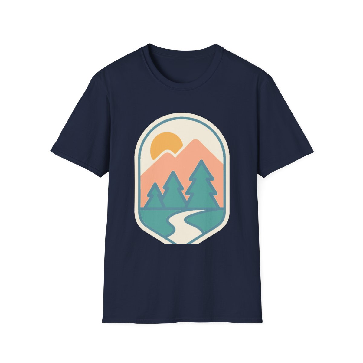Navy t-shirt, front view, printed with sunrise mountains, trees, winding path