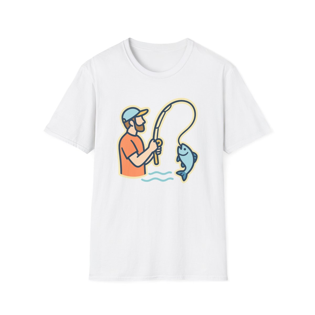 White t-shirt, front view, printed with angler reeling in a smiling fish