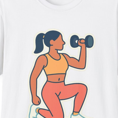 Close-up of the printed design detail: woman kneeling with dumbbell