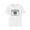 White t-shirt, front view, printed with stylized camera icon illustration