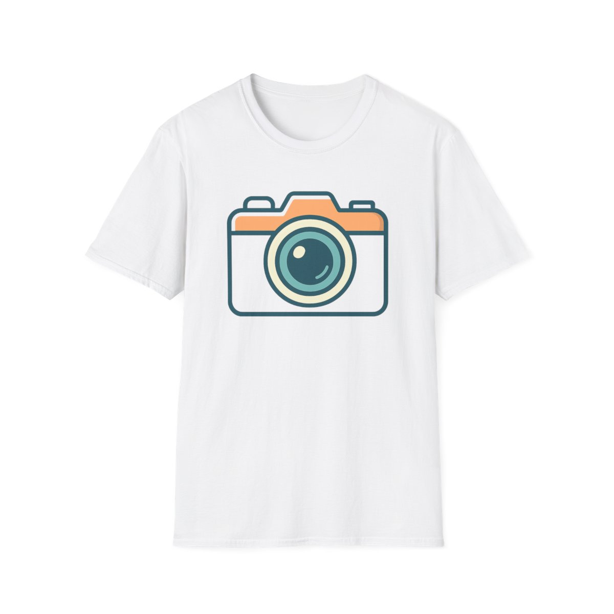 White t-shirt, front view, printed with stylized camera icon illustration