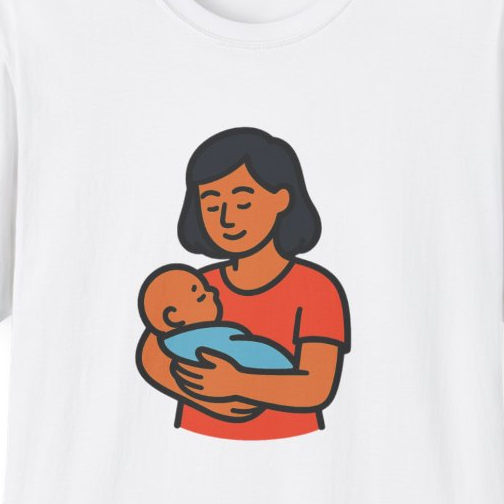 Close-up of the printed design detail: illustration of mom cradling baby