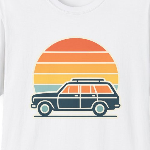Close-up of the printed design detail: retro station wagon and striped sunset