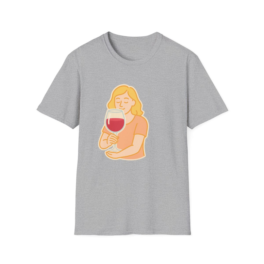 Sport Grey t-shirt, front view, printed with person smelling a large wine glass
