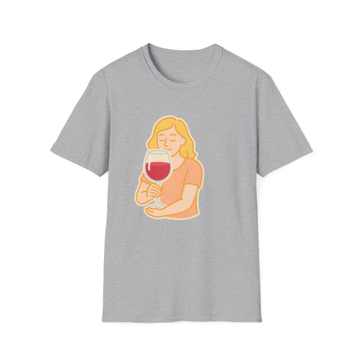 Sport Grey t-shirt, front view, printed with person smelling a large wine glass