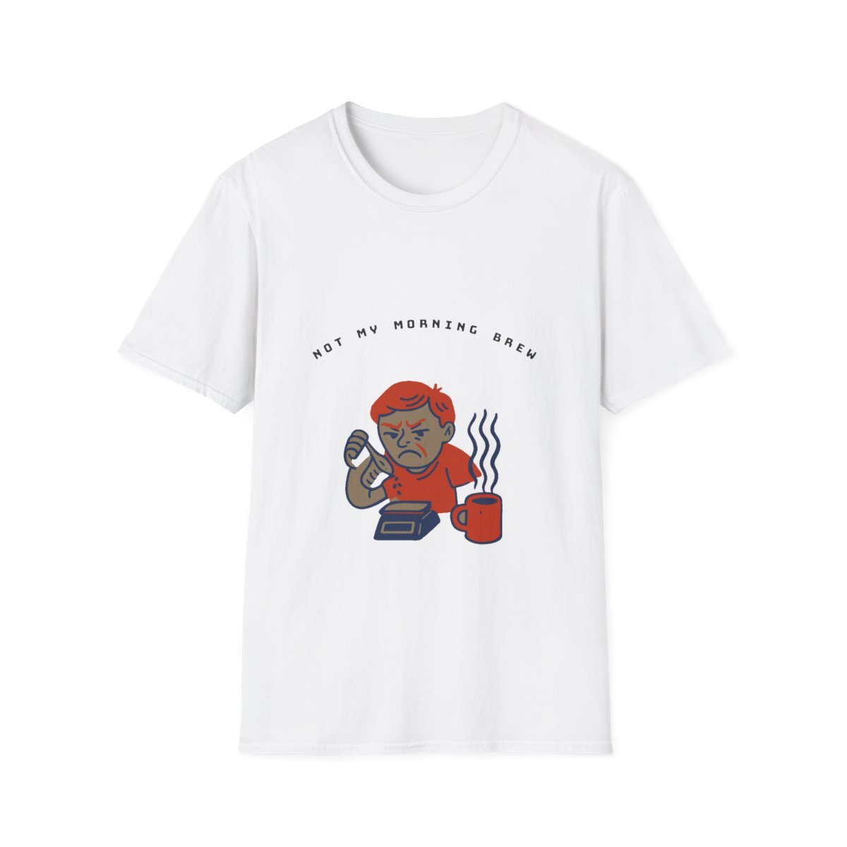 White t-shirt, front view, printed with person holding soap with mug