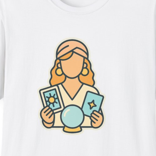 Close-up of the printed design detail: tarot reader holding cards and crystal ball