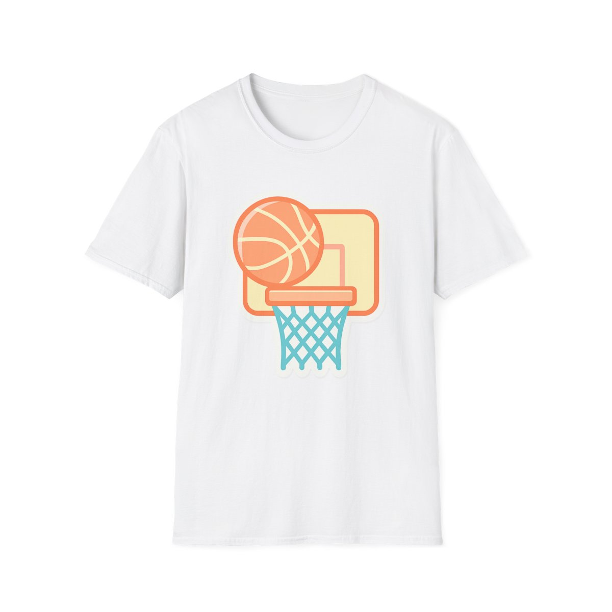 White t-shirt, front view, printed with illustrated basketball, hoop, and net