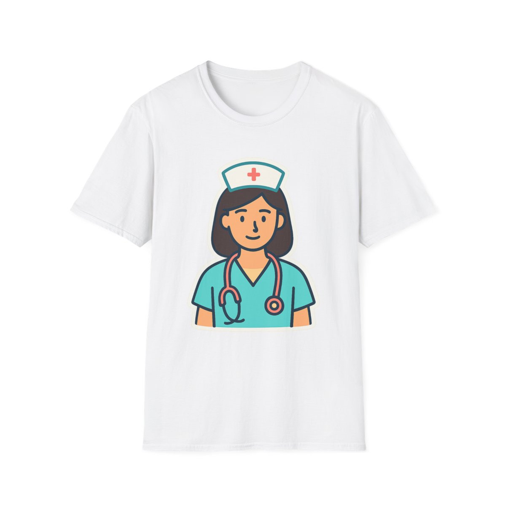 White t-shirt, front view, printed with simple nurse with stethoscope illustration