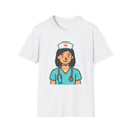 White t-shirt, front view, printed with simple nurse with stethoscope illustration
