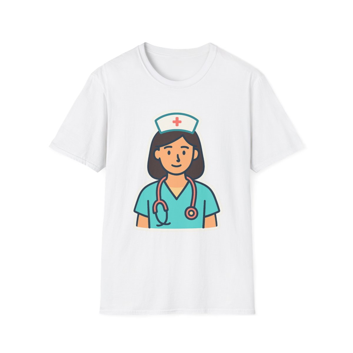 White t-shirt, front view, printed with simple nurse with stethoscope illustration