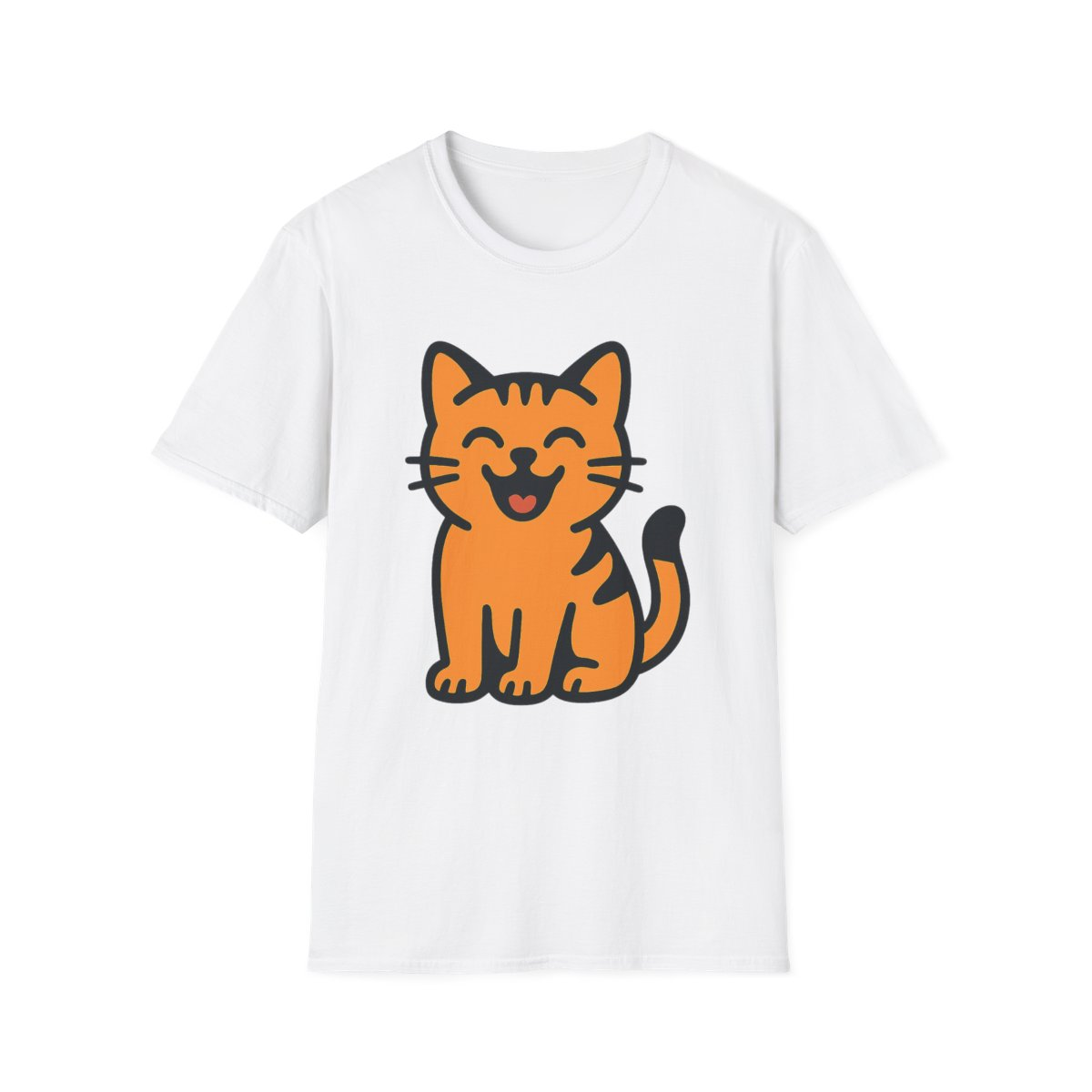 White t-shirt, front view, printed with smiling orange tabby cat illustration