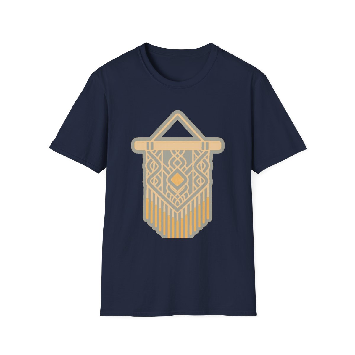 Navy t-shirt, front view, printed with decorative macramé wall hanging illustration