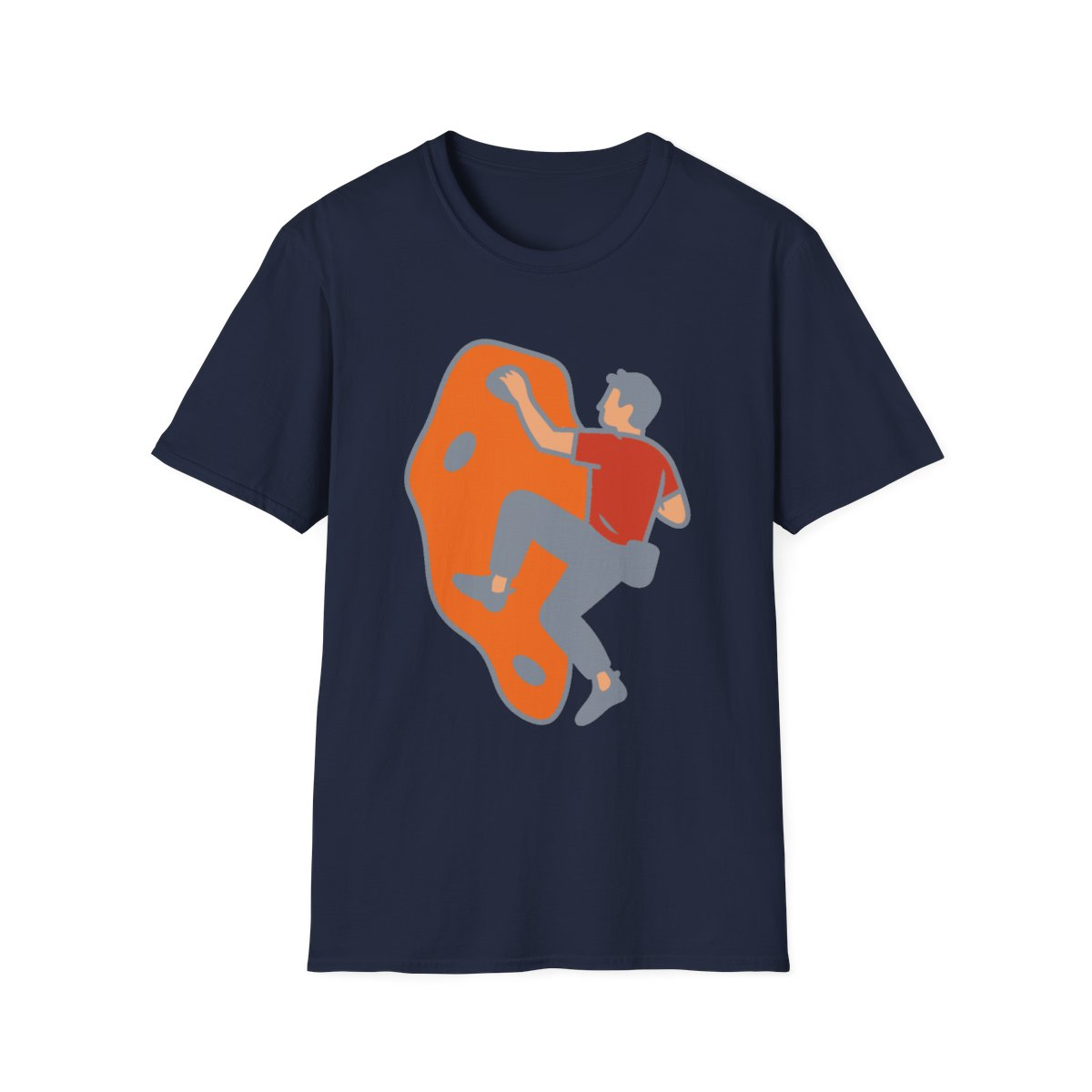Navy t-shirt, front view, printed with climber on an abstract orange boulder