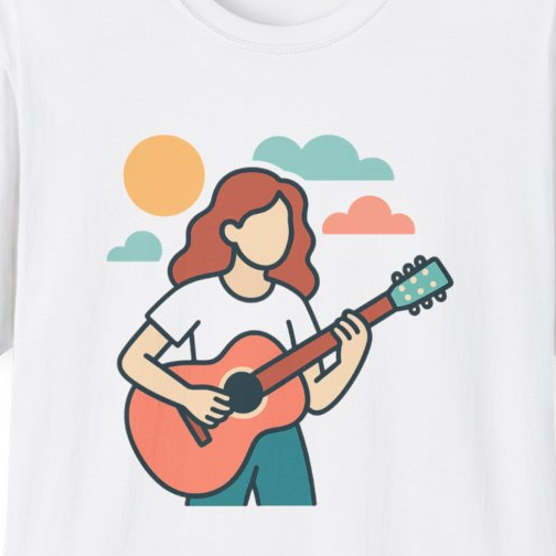 Close-up of the printed design detail: faceless person playing acoustic guitar