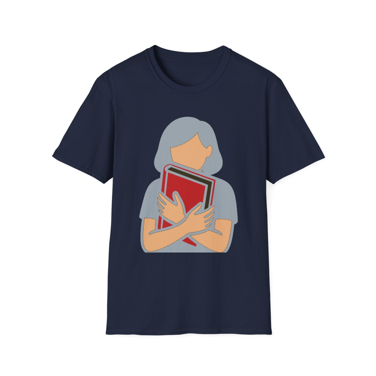 Navy t-shirt, front view, printed with person hugging a red book